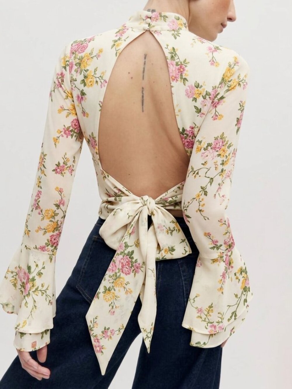 NWT Reformation Roxana Top Posy Floral Print Pink Ivory Open Back Blouse Size 6